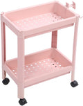 Bathroom Floor Storage Shelf, 2-Tier Pink Plastic Freestanding Shelf Unit with Wheels, Narrow Corner Rack for Bathroom Kitchen