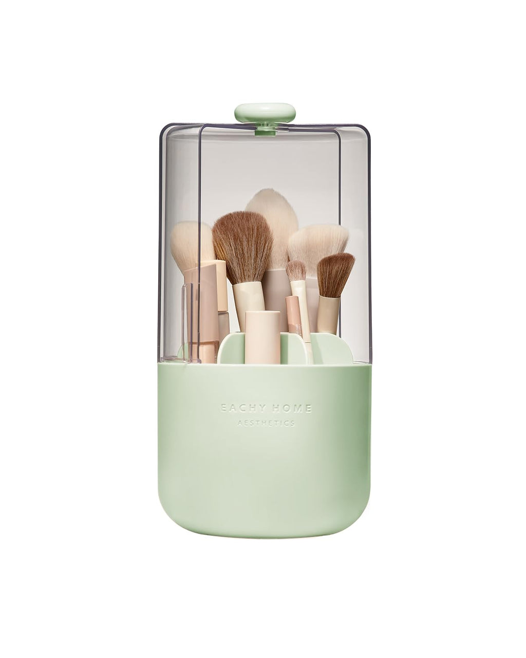 EACHY Makeup Brush Holder with Lid, 360° Rotating Vanity Organizer for Brushes, Dustproof Cosmetic Display Case, 7 Compartments, Waterproof Plastic (Pink)