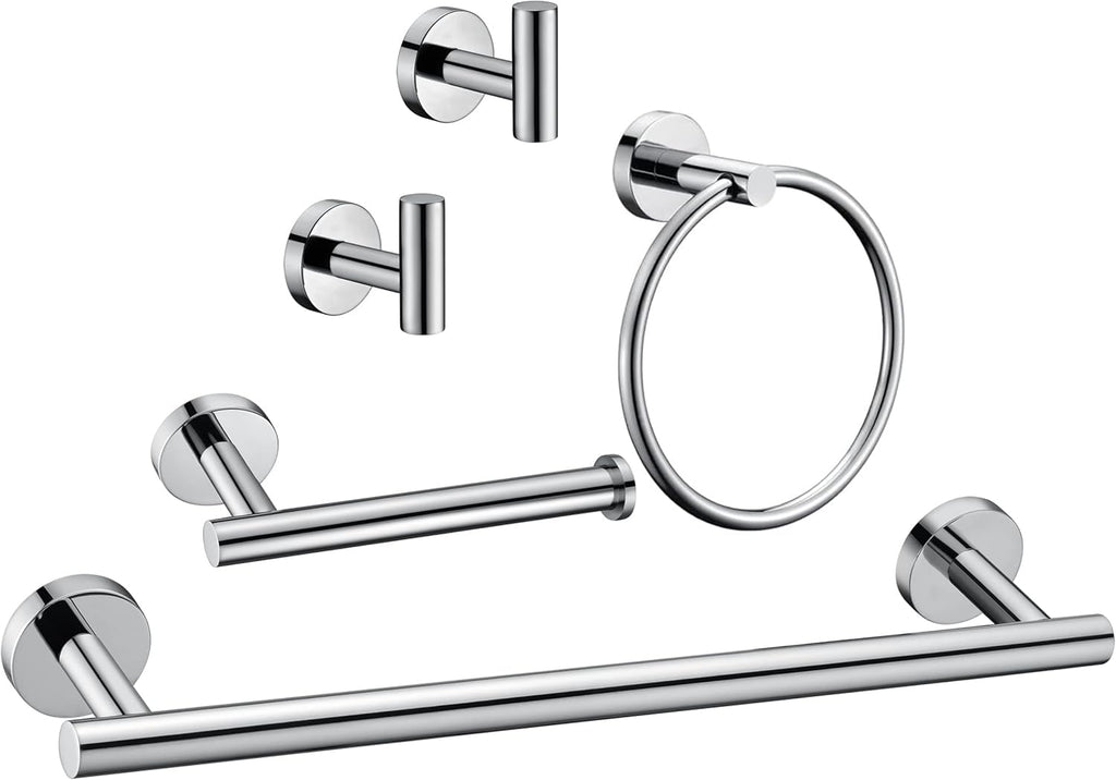 6 Pieces Brushed Nickel Bathroom Hardware Accessories Set Hand Towel Ring 16&23.6 inch Round Towel Bar Silver Toilet Paper Holder Towel Hooks 2 Pieces SUS 304 Stainless Steel,Heavy Duty,Wall Mounted