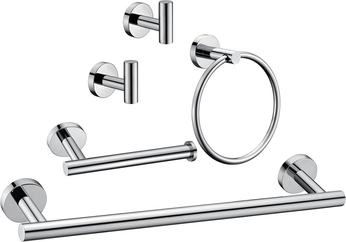 6 Pieces Brushed Nickel Bathroom Hardware Accessories Set Hand Towel Ring 16&23.6 inch Round Towel Bar Silver Toilet Paper Holder Towel Hooks 2 Pieces SUS 304 Stainless Steel,Heavy Duty,Wall Mounted
