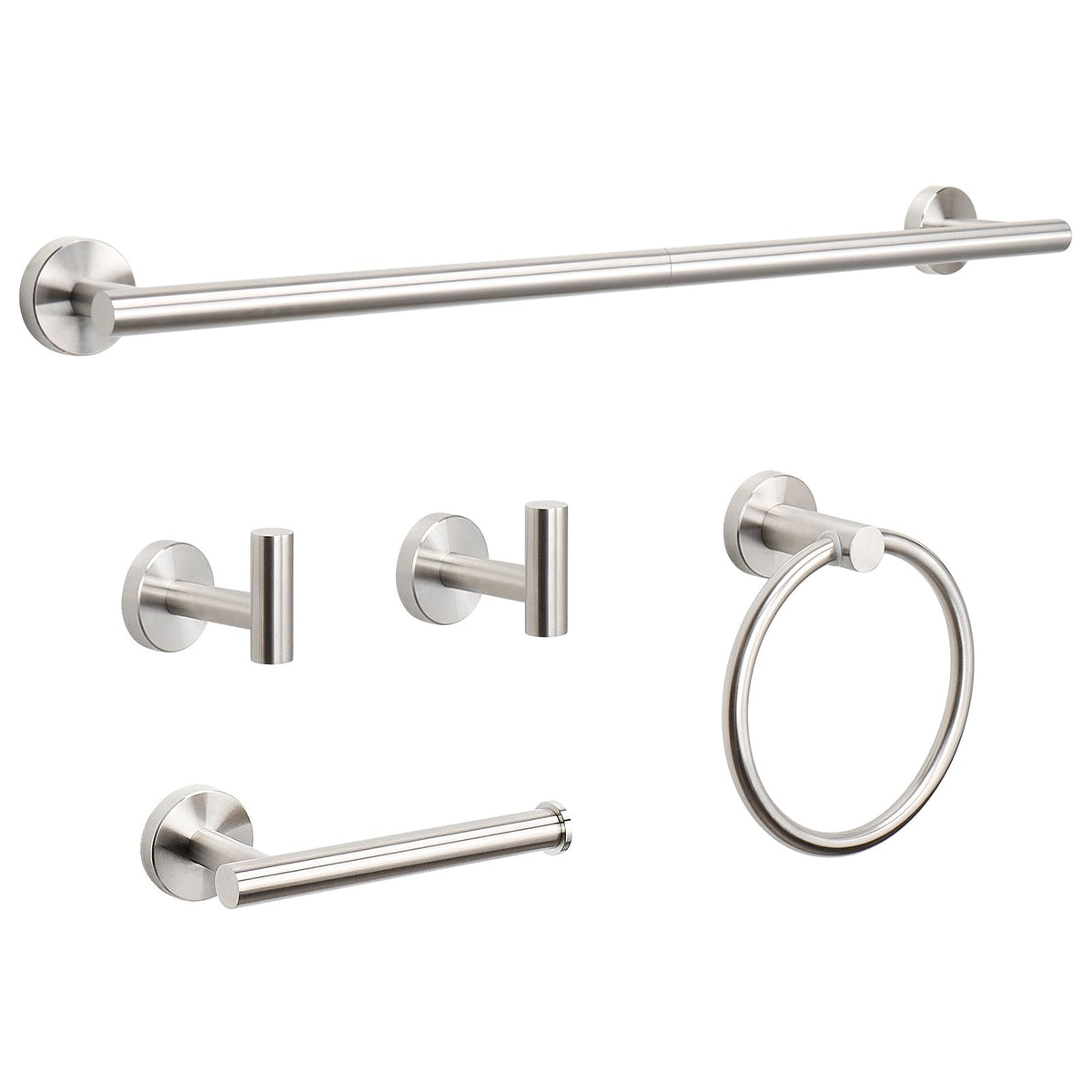 NearMoon 5 Pieces Bathroom Hardware Set SUS304 Thicken Stainless Steel-Towel Rack Kit Include 24" Towel Rod +Bath Towel Ring +Toilet Paper Holder +2 Robe Towel Hooks Bath Accessories (Nickel)