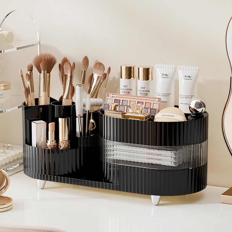 Rotating Makeup Organizer for Vanity with Brush Holder and Drawer, Cosmetic Makeup Storage, Large Spinning Makeup Skincare Organizer, Countertop Makeup Perfume Organizer, Lotions Display Case (Green)