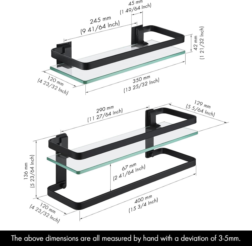KES Glass Bathroom Shelf, Tempered Glass Floating Bathroom Shelf with Bar Rectangular Wall Mounted Rustproof Aluminum Black, A4126A-BK+A4127A-BK