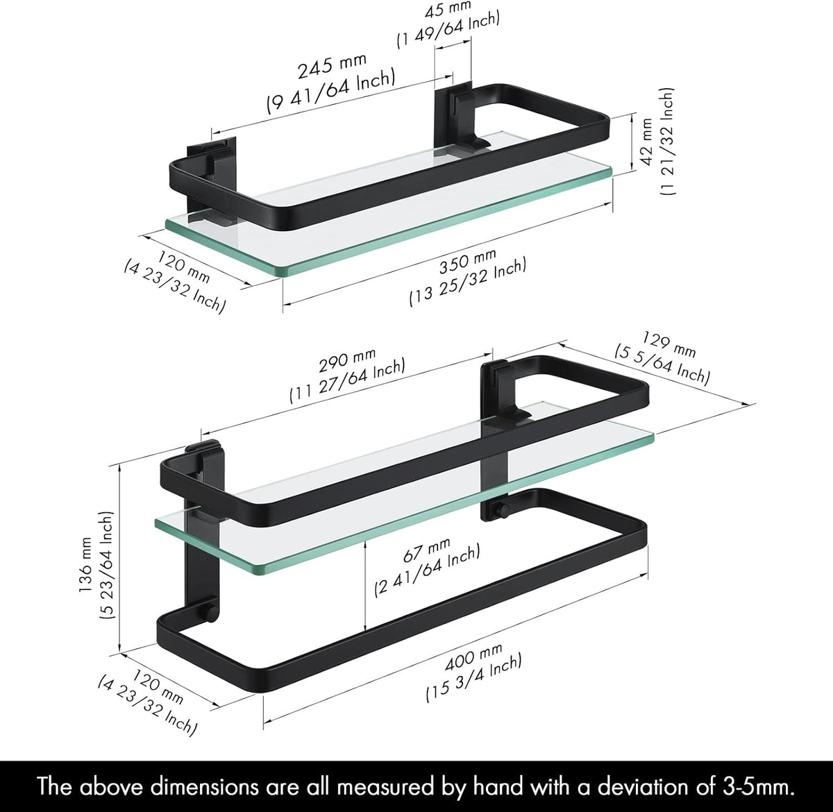 KES Glass Bathroom Shelf, Tempered Glass Floating Bathroom Shelf with Bar Rectangular Wall Mounted Rustproof Aluminum Black, A4126A-BK+A4127A-BK