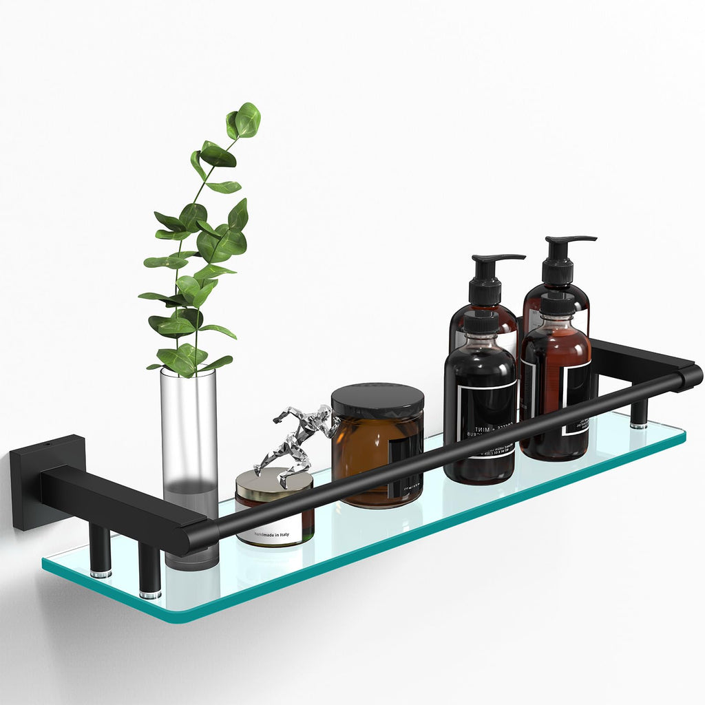 Glass Shelves for Bathroom, 16IN Brushed Nickel Bathroom Shelves for Wall Rectangular Stainless Steel Tempered Glass Modern use for Shelf Sink Over Toilet