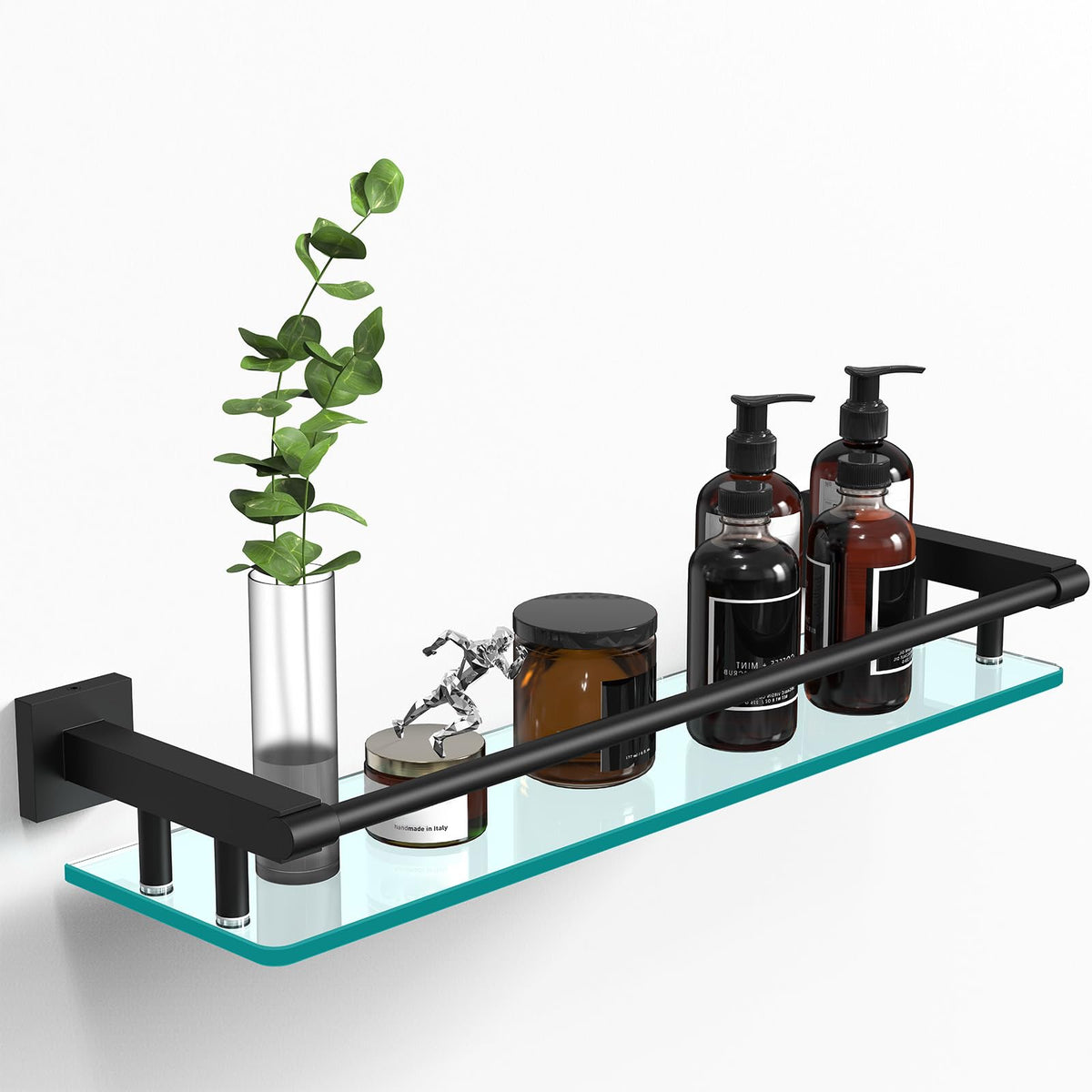 Glass Shelves for Bathroom, 16IN Brushed Nickel Bathroom Shelves for Wall Rectangular Stainless Steel Tempered Glass Modern use for Shelf Sink Over Toilet