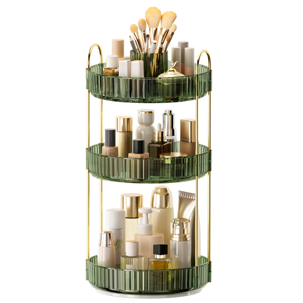 360° Rotating Makeup Organizer, Upgraded 3 Tier Skincare Perfume Organizers for Women, Bathroom Organizer Countertop, Clear Cosmetic Dresser Organizer with Makeup Brush Holder, Sink&Counter(Amber)