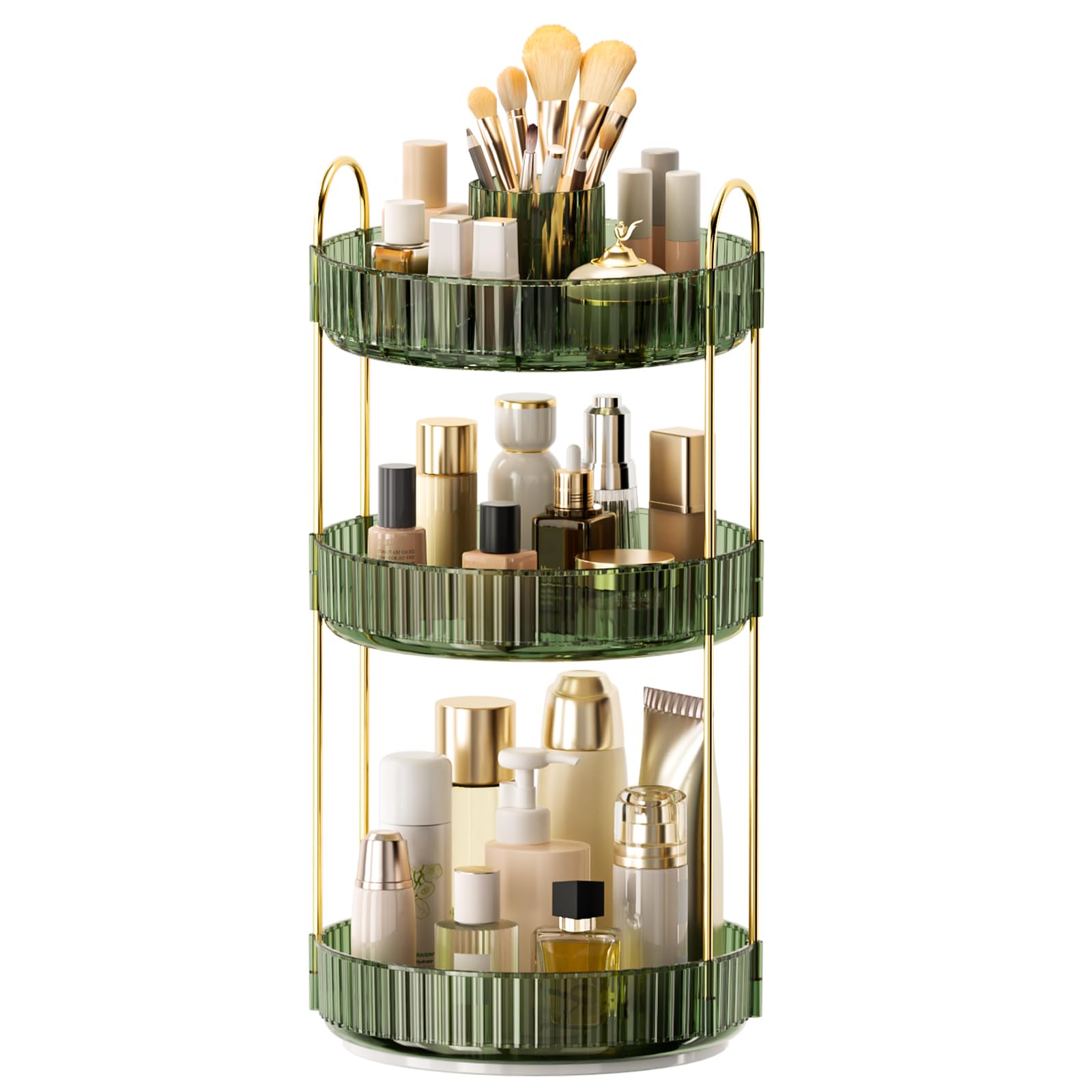 360° Rotating Makeup Organizer, Upgraded 3 Tier Skincare Perfume Organizers for Women, Bathroom Organizer Countertop, Clear Cosmetic Dresser Organizer with Makeup Brush Holder, Sink&Counter(Amber)