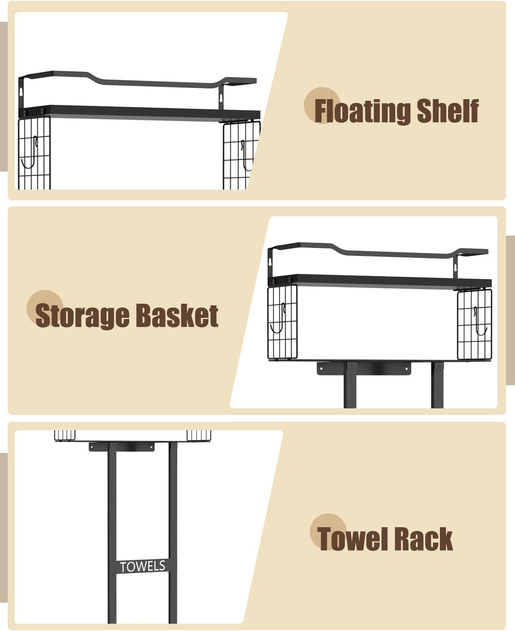 Aetyord Towel Racks for Bathroom 31inch Wall Mounted Towel Rack,Floating Shelf with Wood Plank,Towel Storage for Bathroom can Holds 6 Large Rolled Towels,All Black