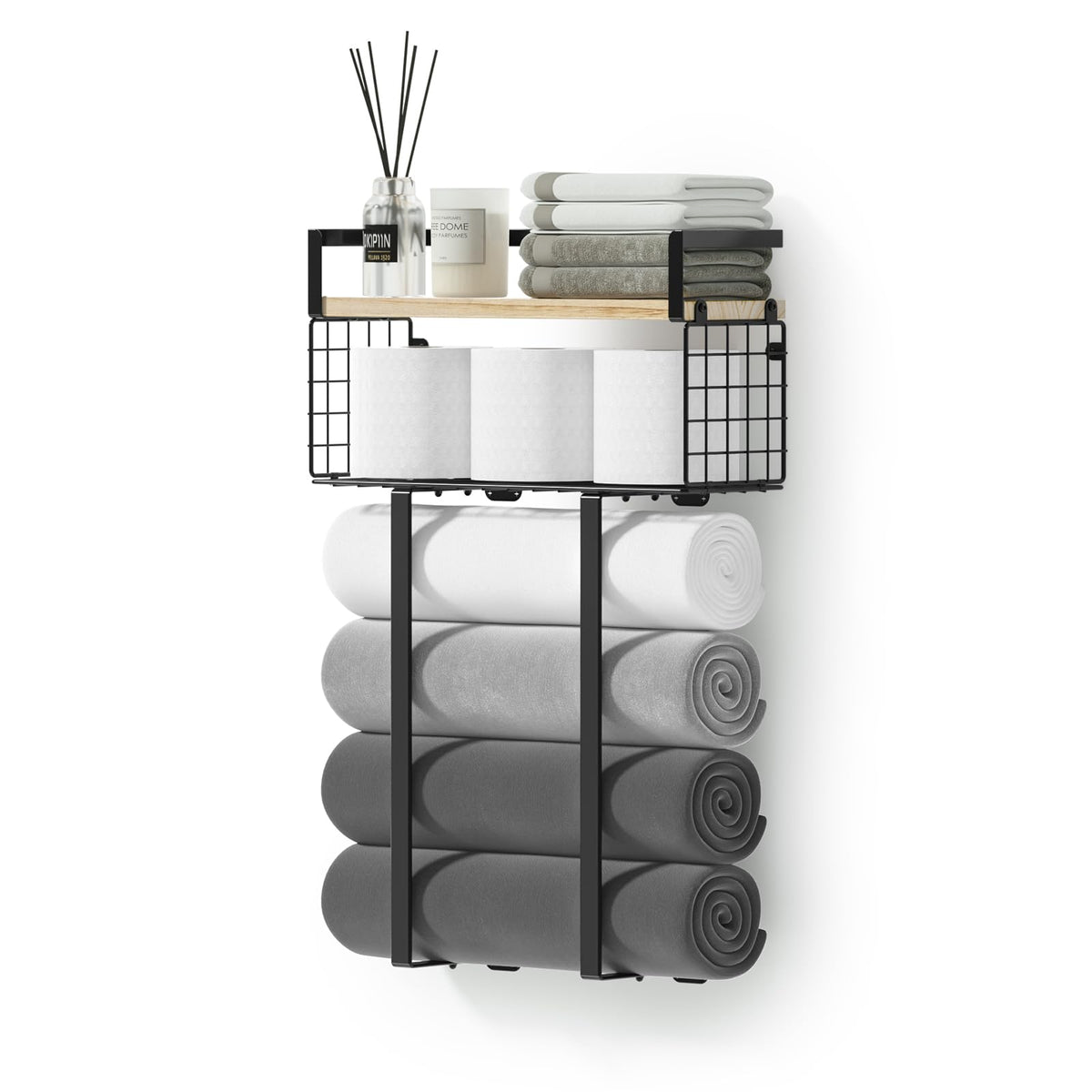 Xstydes Towel Racks for Bathroom Wall Mounted, Metal Towel Holder with Wooden Shelf for Folding Large Towels, Towel Storage for Small Bathroom Organizer Decor or RV Camping