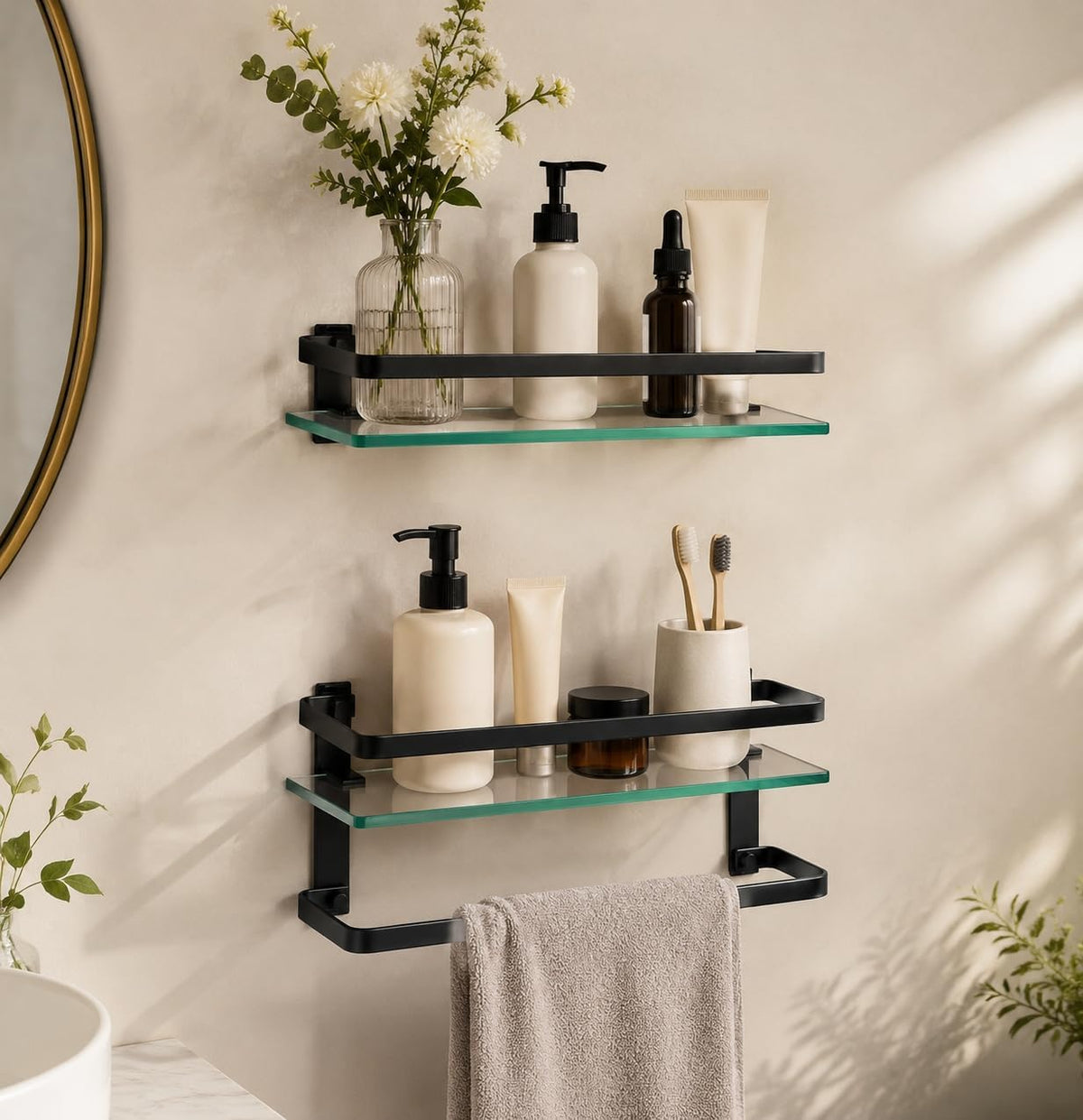 KES Glass Bathroom Shelf, Tempered Glass Floating Bathroom Shelf with Bar Rectangular Wall Mounted Rustproof Aluminum Black, A4126A-BK+A4127A-BK