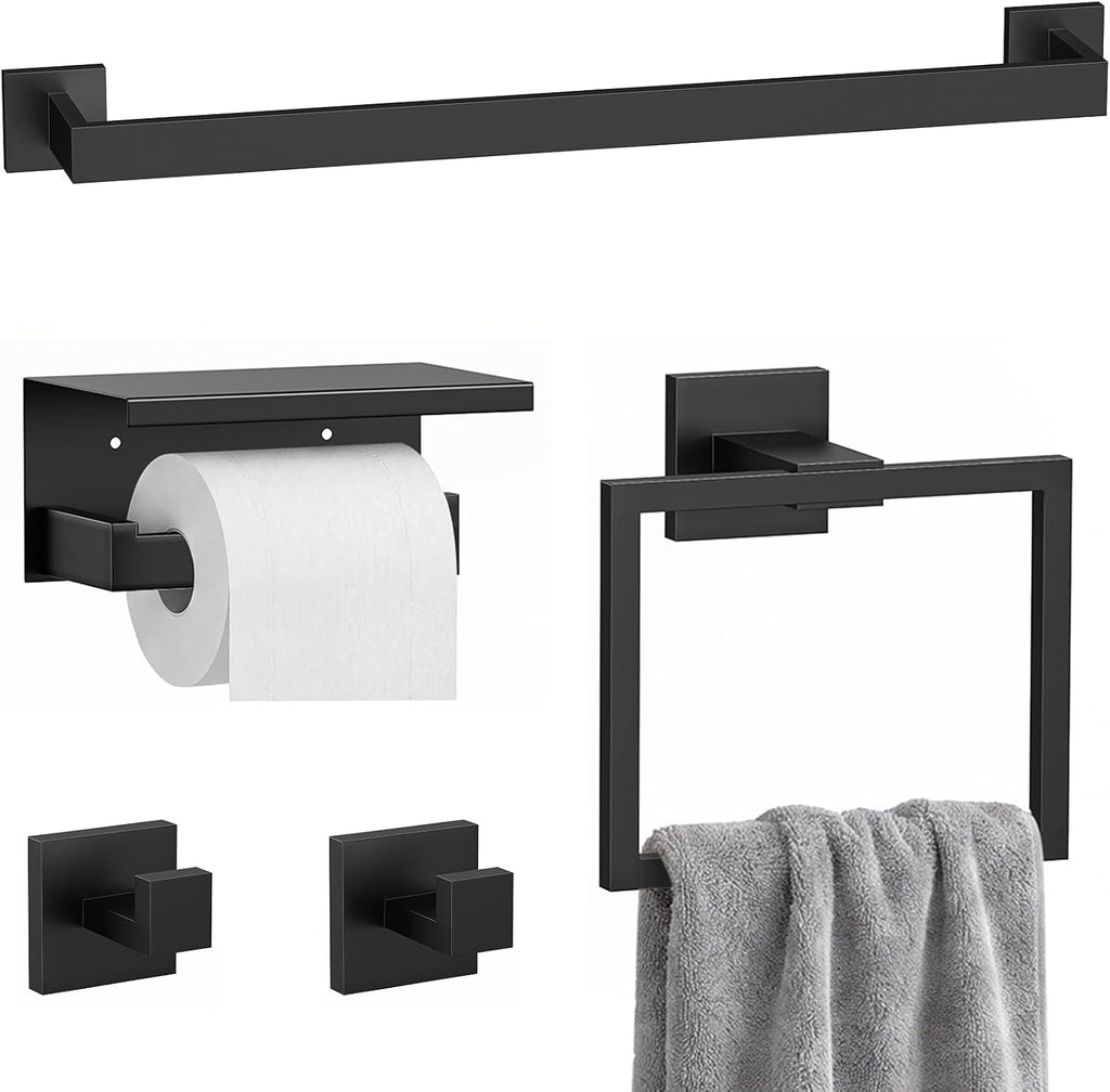 5-Piece Bathroom Hardware Set, 23.6 Inch Towel Bar Set SUS304 Stainless Steel Towel Racks for Bathroom Round Towel Bar, Towel Ring, Toilet Paper Holder, 2 Robe Hooks, Wall Mounted (Black)