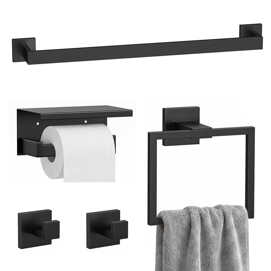 5-Piece Bathroom Hardware Set, 23.6 Inch Towel Bar Set SUS304 Stainless Steel Towel Racks for Bathroom Round Towel Bar, Towel Ring, Toilet Paper Holder, 2 Robe Hooks, Wall Mounted (Black)