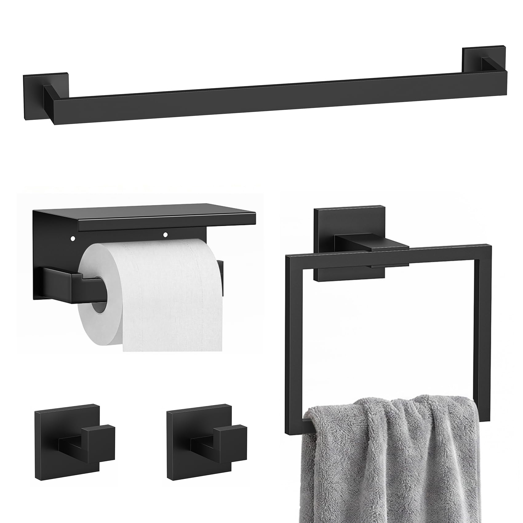 5-Piece Bathroom Hardware Set, 23.6 Inch Towel Bar Set SUS304 Stainless Steel Towel Racks for Bathroom Round Towel Bar, Towel Ring, Toilet Paper Holder, 2 Robe Hooks, Wall Mounted (Black)