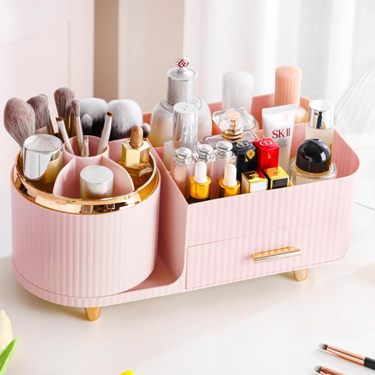Rotating Makeup Organizer for Vanity with Brush Holder and Drawer, Cosmetic Makeup Storage, Large Spinning Makeup Skincare Organizer, Countertop Makeup Perfume Organizer, Lotions Display Case (Green)