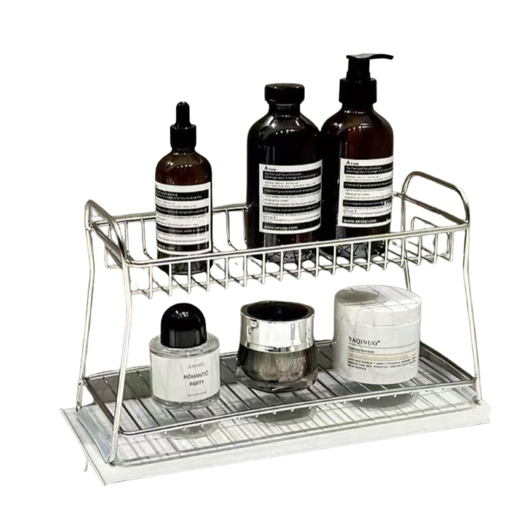 Stainless Steel Bathroom Organizer, Sink Shelf Storage Rack for Vanity, Cosmetics & Toiletries, Waterproof Standing Shelf and Toothbrush Holder (3)