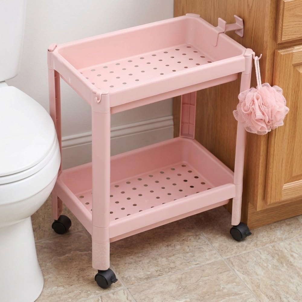 Bathroom Floor Storage Shelf, 2-Tier Pink Plastic Freestanding Shelf Unit with Wheels, Narrow Corner Rack for Bathroom Kitchen