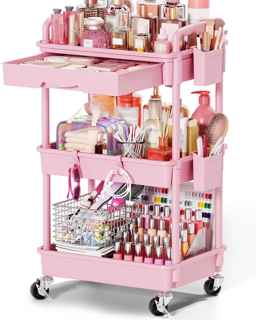 Goovilla Rolling Makeup Organizer Cart with Removable Drawer, 3 Tier Pink