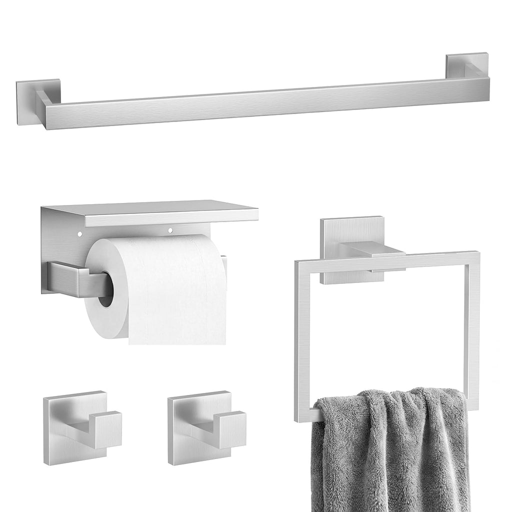 5-Piece Bathroom Hardware Set, 23.6 Inch Towel Bar Set SUS304 Stainless Steel Towel Racks for Bathroom Round Towel Bar, Towel Ring, Toilet Paper Holder, 2 Robe Hooks, Wall Mounted (Black)