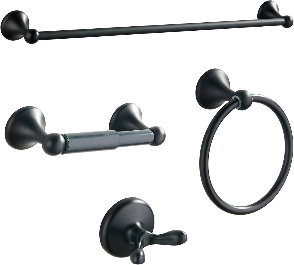 BGL Bathroom Accessory Set, Matte Black Adjustable Expandable Towel Bar 4-Piece Bathroom Hardware Set Wall Mounted Robe Hook Toilet Paper Holder Towel Ring Towel Bar