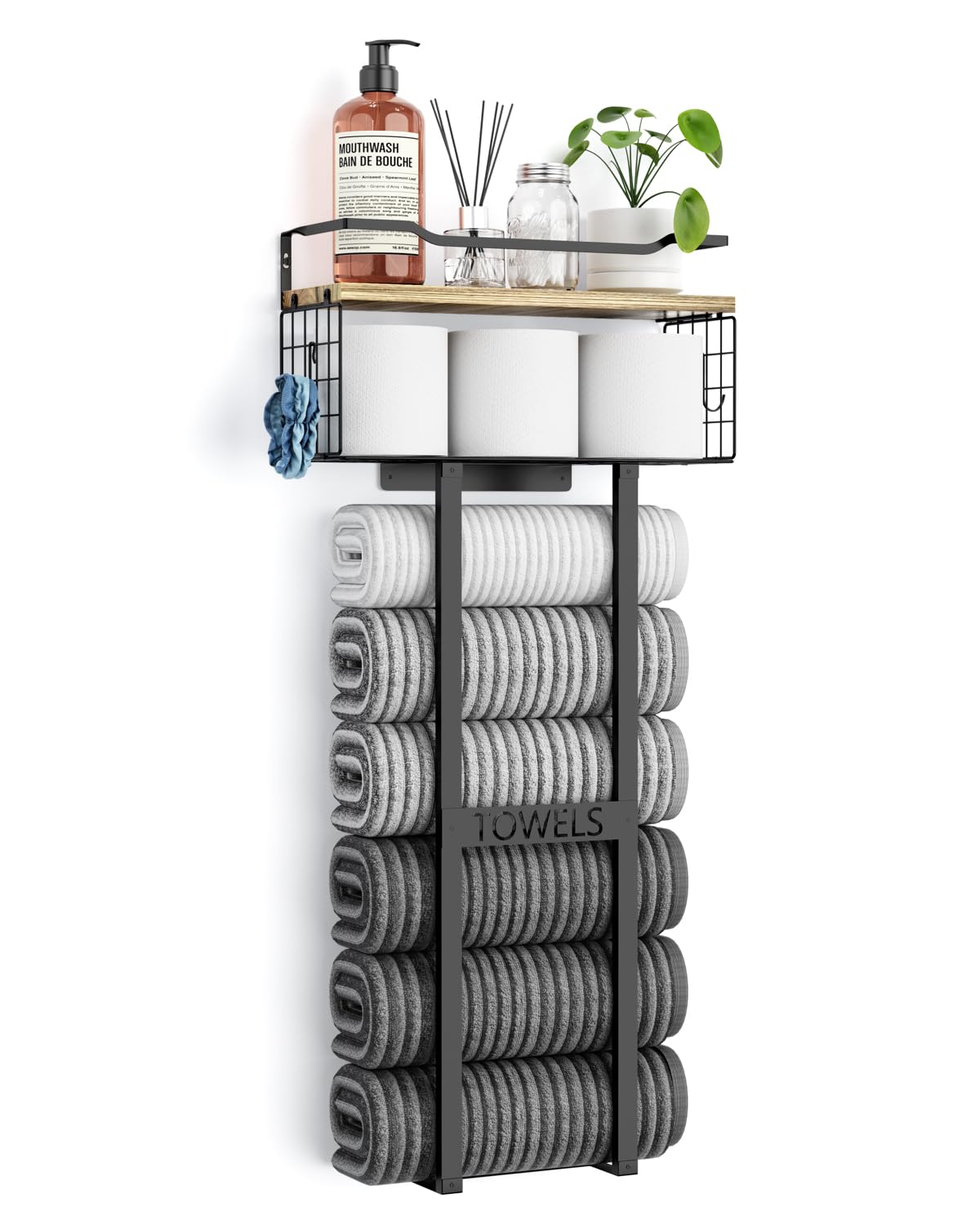 Aetyord Towel Racks for Bathroom 31inch Wall Mounted Towel Rack,Floating Shelf with Wood Plank,Towel Storage for Bathroom can Holds 6 Large Rolled Towels,All Black