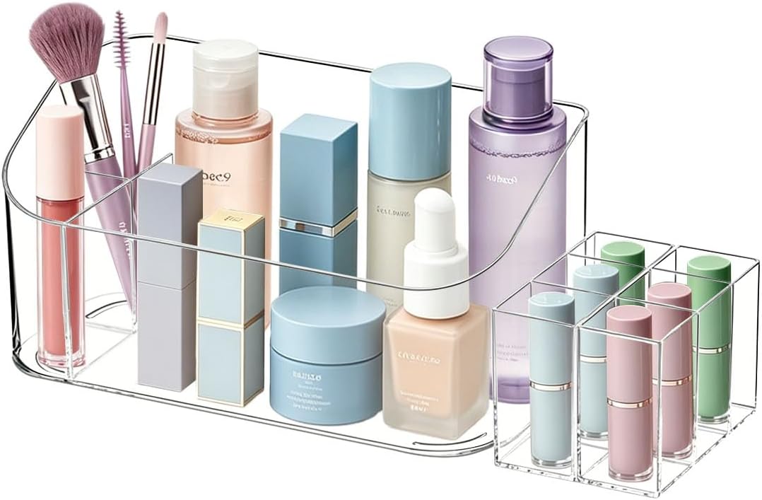 Makeup Tray Holder Organizer Cosmetic Display Case Tabletop Desktop Vanity Countertop Bathroom Wall Cabinet Medicine Storage Box 9 Dividers 2 Removable Women Ladies Girls Gifts Crystal Clear 1 PACK