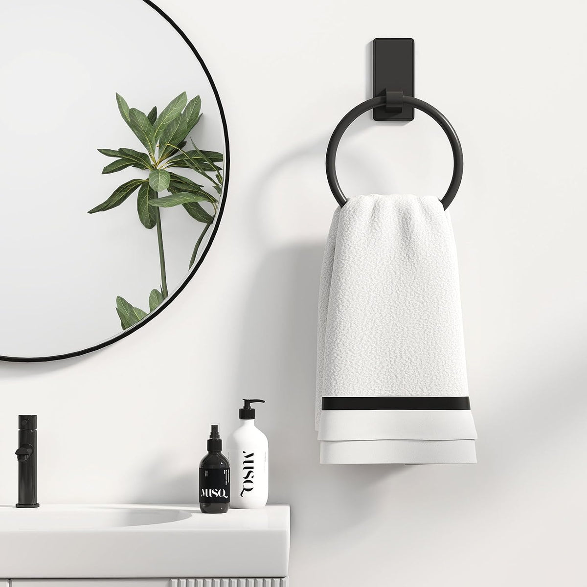 Towel Ring, SUS304 Hand Towel Holder for Bathroom，Adhesive Towel Holder Bathroom Towel Hanger for Bathroom, Matte Black