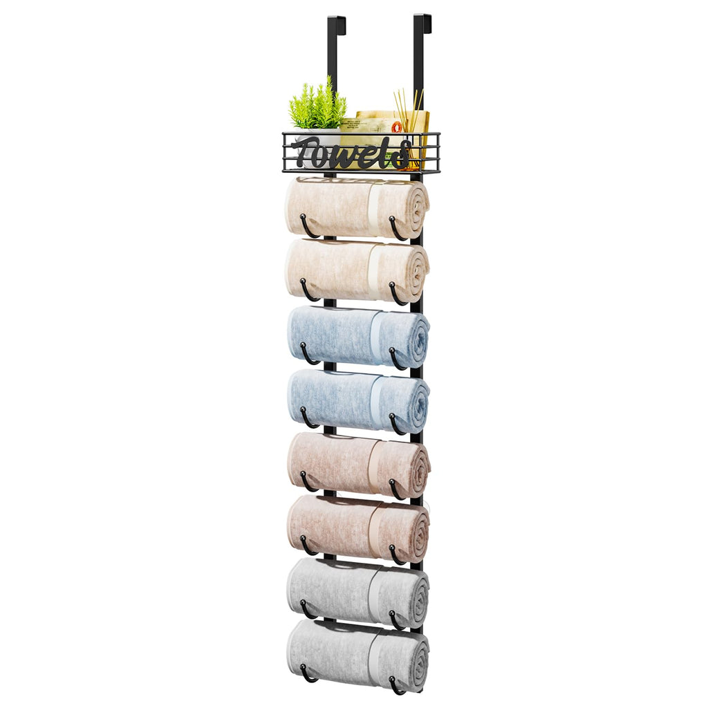 HapiRm Towel Racks for Bathroom Storage - 6 Tier Over The Door & Wall Mount Rolled Towel Storage Organizer Holder with Metal Shelf Basket for Small Bathroom, Camper, Rv - Black, Patented