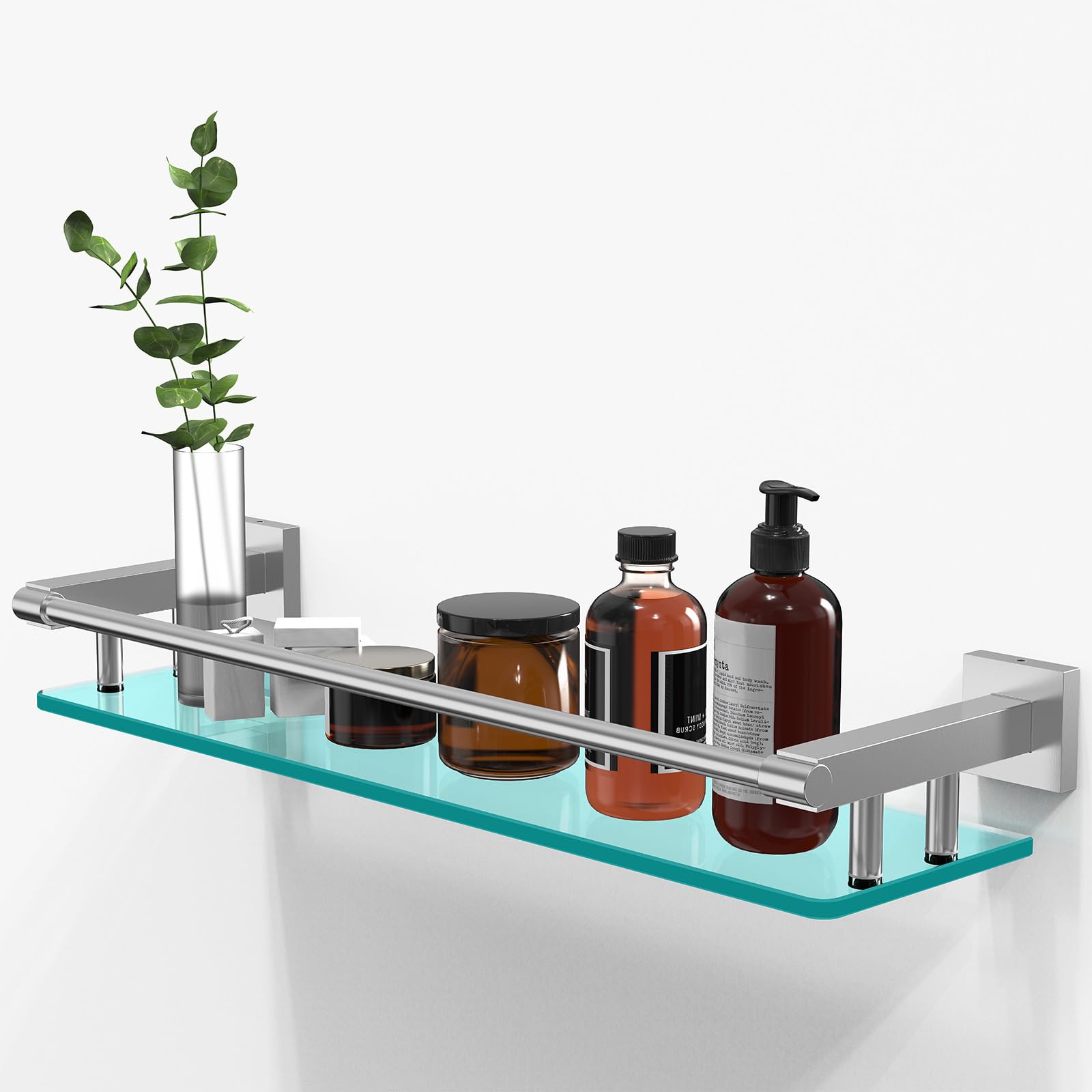 Glass Shelves for Bathroom, 16IN Brushed Nickel Bathroom Shelves for Wall Rectangular Stainless Steel Tempered Glass Modern use for Shelf Sink Over Toilet