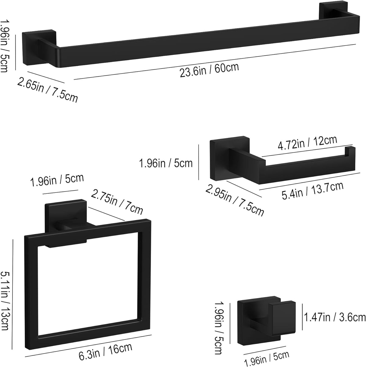 10-Pieces Matte Black Bathroom Accessories Set 23.6 Inch Towel Bar Set.