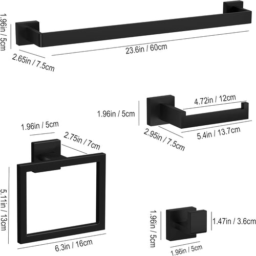 10-Pieces Matte Black Bathroom Accessories Set 23.6 Inch Towel Bar Set.