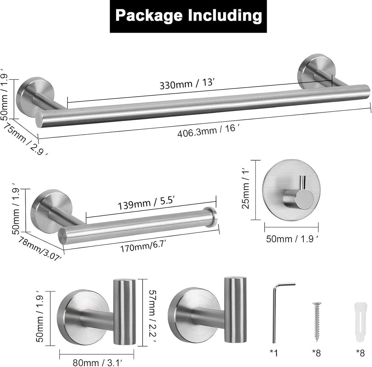 NearMoon Bathroom Hardware Set SUS 304 Thicken Stainless Steel-Towel Bar Set Include 16" Towel Rod, Toilet Paper Holder, Multifunctional Hooks Bathroom Accessories (Brushed Nickel, 5 Pcs)