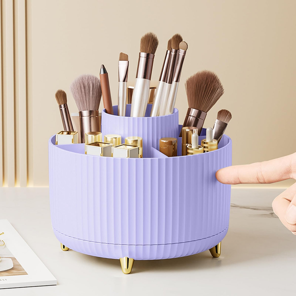 Diesisa Makeup Brush Holder Organizer,360° Rotating Makeup Brush Organizer,5 Slot Make up Brushes Cup for Cosmetics, Nail Polish, Art Supply, Bathroom Vanity Desktop Organizer - White