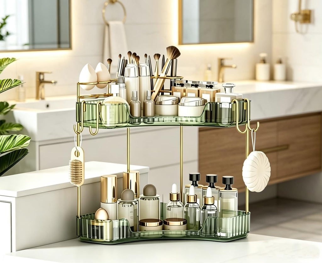 2-Tier Corner Bathroom Counter Organizer，Makeup & Skincare Shelf with Built-in Brush Holder，Space-Saving Bathroom Countertop Organizer for Skincare, Perfume, Cosmetics(Clear)