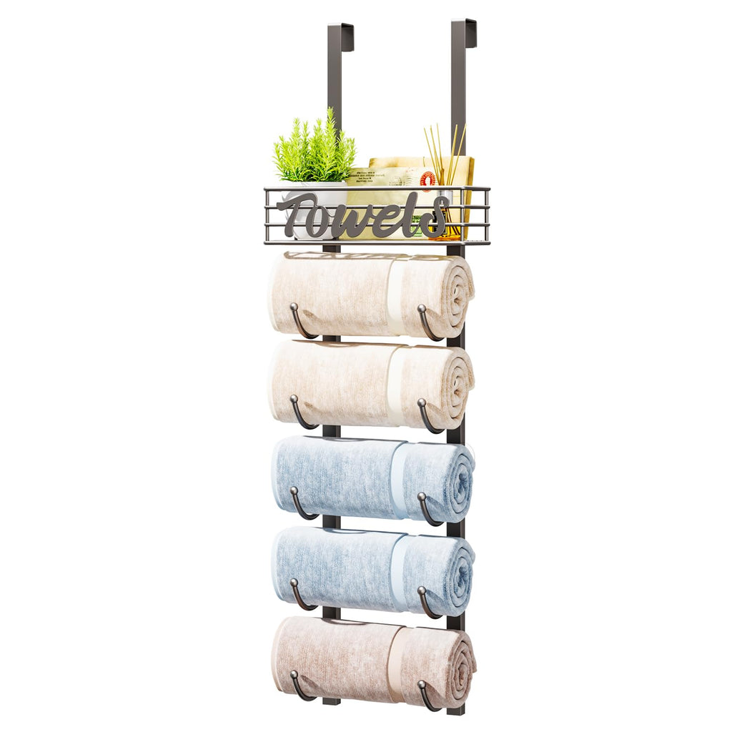 HapiRm Towel Racks for Bathroom Storage - 6 Tier Over The Door & Wall Mount Rolled Towel Storage Organizer Holder with Metal Shelf Basket for Small Bathroom, Camper, Rv - Black, Patented