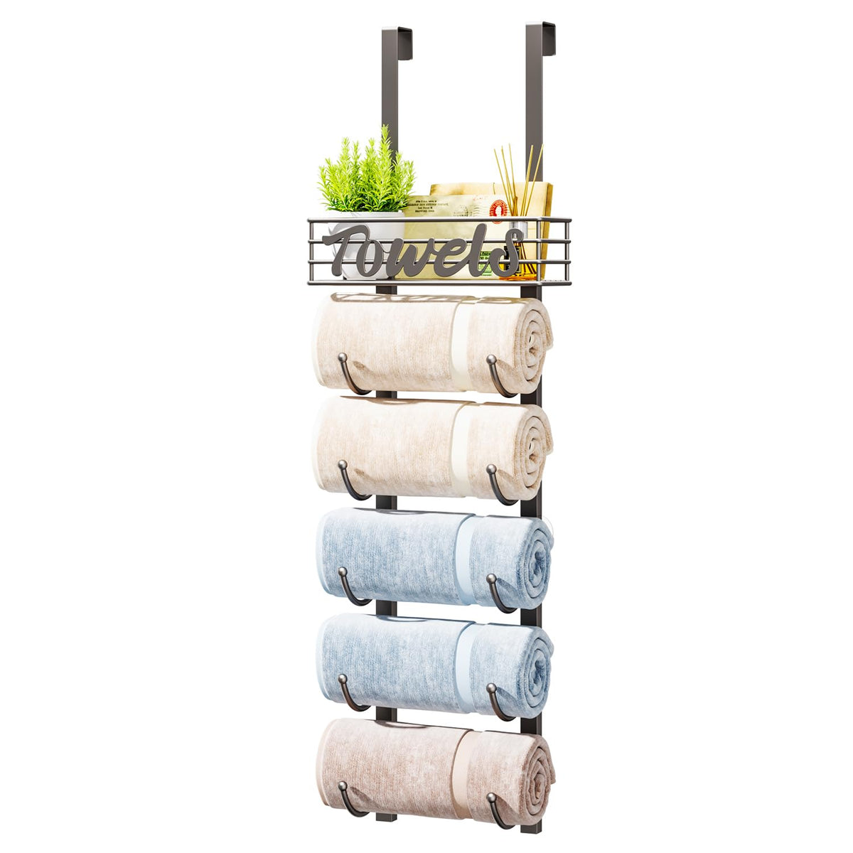 HapiRm Towel Racks for Bathroom Storage - 6 Tier Over The Door & Wall Mount Rolled Towel Storage Organizer Holder with Metal Shelf Basket for Small Bathroom, Camper, Rv - Black, Patented