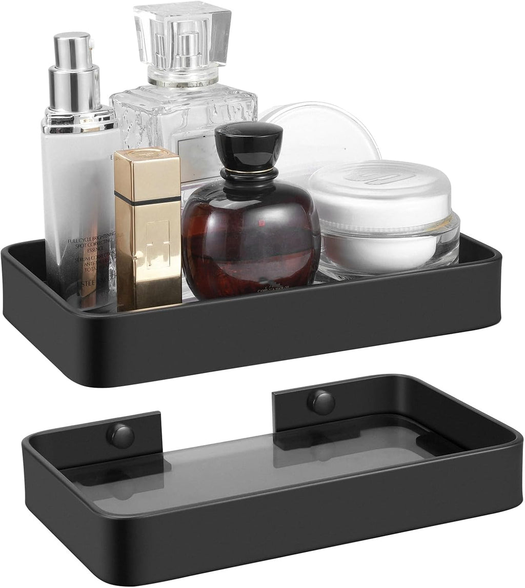 Z metnal Small Glass Bathroom Shelves, Matte Black Floating Shelf, Mini Wall Shelf Organizer, Wall Mounted (Dark Glass, 8 inch/20cm)
