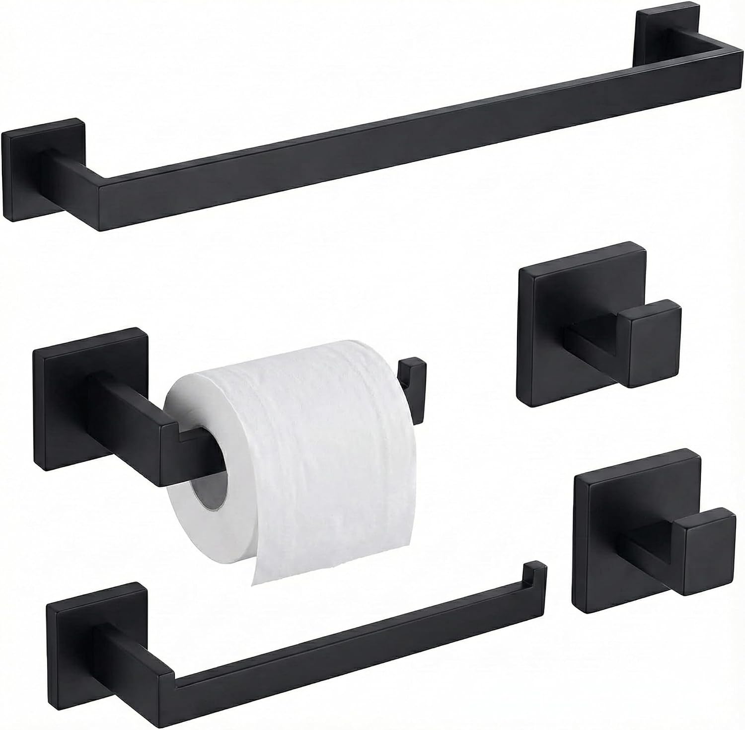 5-Piece Bathroom Hardware Set, 16 in Towel Bar, Matte Black