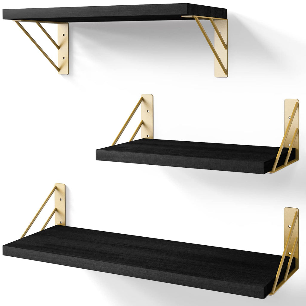 BAYKA Wall Mounted Floating Shelves, Wood Floating Wall Shelf for Books & Decor, Small Space-Saving Display & Organizer（Black，Set of 4）