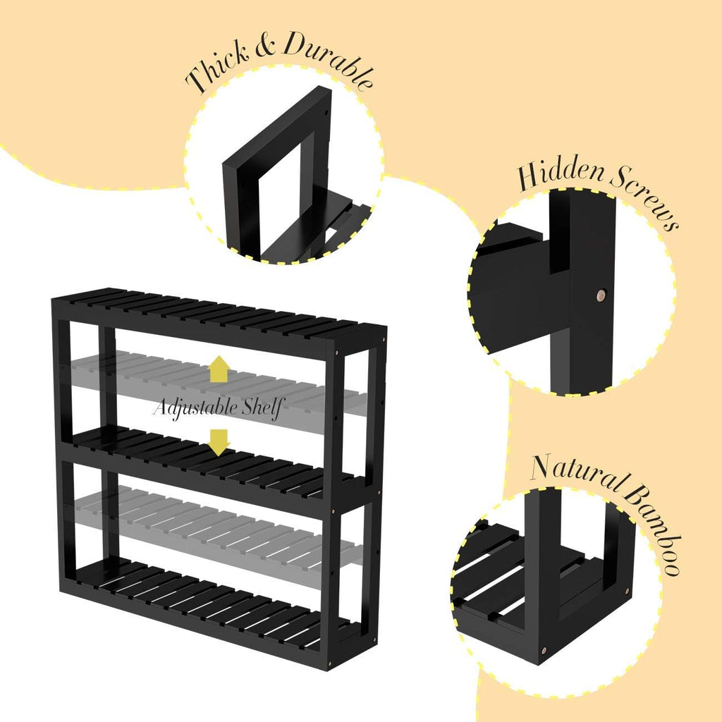 Domax Bamboo Bathroom Shelf 3-Tier Wall Mount Storage Rack Multifunctional Adjustable Layer Free Standing Over Toilet Utility Shelves Living Room Kitchen (Black)
