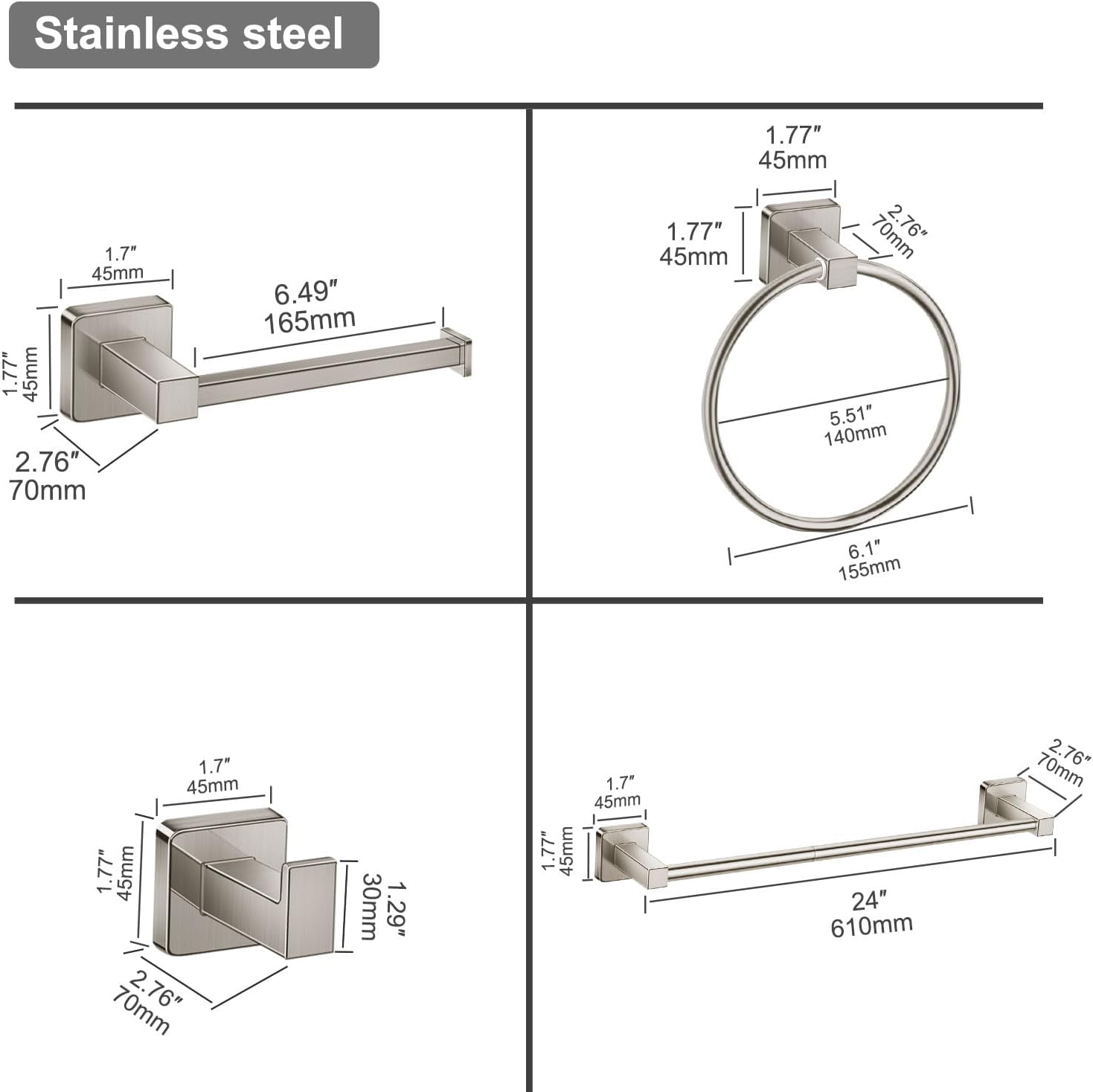 Bathroom Hardware Accessories Set 4 Pieces, Brushed Nickel Stainless Steel Towel Bar Set, Includes 24In Towel Bar, Towel Ring, Robe Towel Hooks,Toilet Paper Holder, Bathroom Towel Rack Set