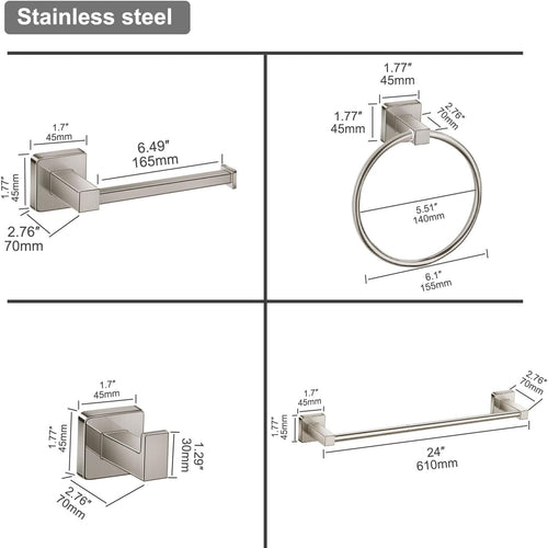 Bathroom Hardware Accessories Set 4 Pieces, Brushed Nickel Stainless Steel Towel Bar Set, Includes 24In Towel Bar, Towel Ring, Robe Towel Hooks,Toilet Paper Holder, Bathroom Towel Rack Set