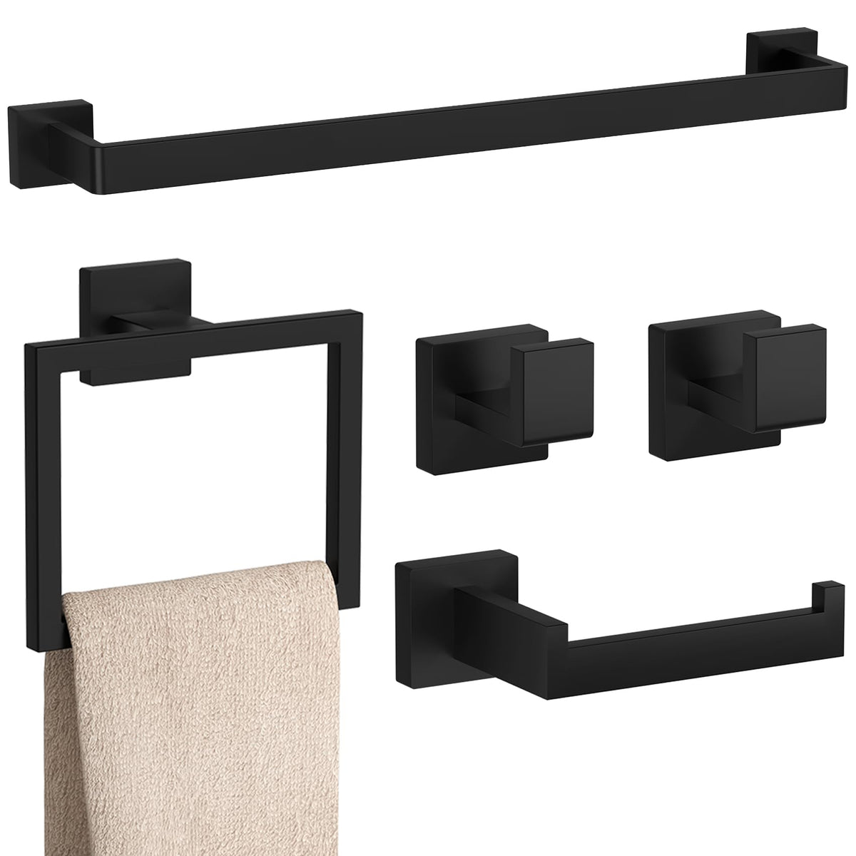 10-Pieces Matte Black Bathroom Accessories Set 23.6 Inch Towel Bar Set.