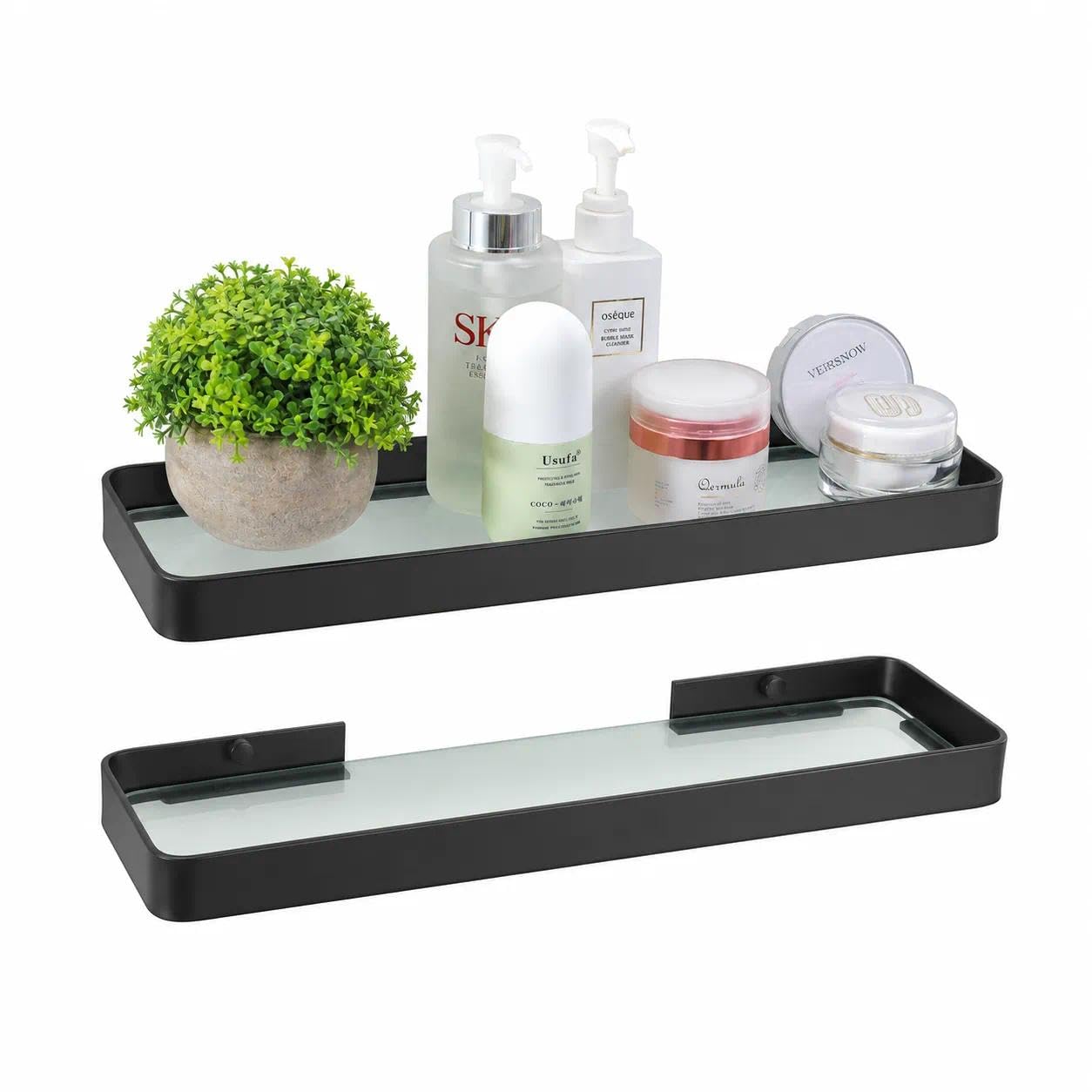 Z metnal Small Glass Bathroom Shelves, Matte Black Floating Shelf, Mini Wall Shelf Organizer, Wall Mounted (Dark Glass, 8 inch/20cm)