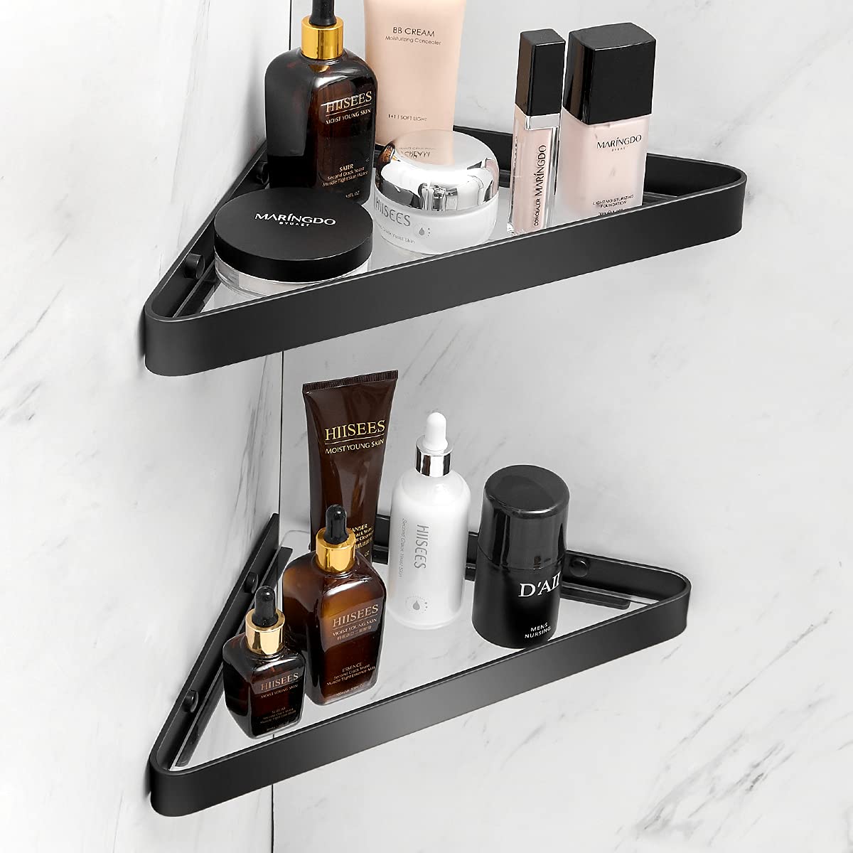VOLPONE Stainless Steel Wall Mounted Bathroom Shelves - 2-Tier Floating Shelf with Removable Hooks (Brushed Nickel)