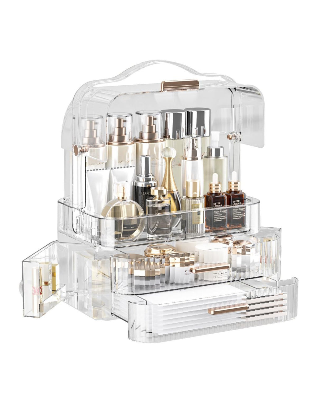 LINFIDITE Cosmetics Storage Box Transparent Lid Large Makeup Organizer Box Drawers Portable Handle Waterproof Dustproof Skincare Display Cases for Countertop, Bathroom, Dresser,Gift Clear Green