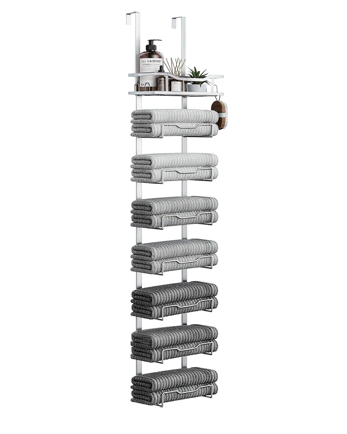 Aetyord Hanging Towel Racks for Bathroom No Drill - 6-Tier Over The Door Bath Towel Storage Organizer for Small Bathrooms - Tiered Back of Door Towel Holder Hanger for Rolled Towels RV Camper Black