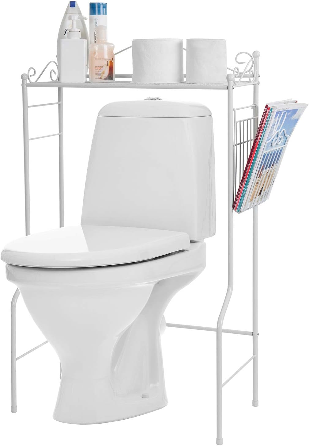 MyGift Over Toilet Storage Shelf with Magazine Basket, White Metal