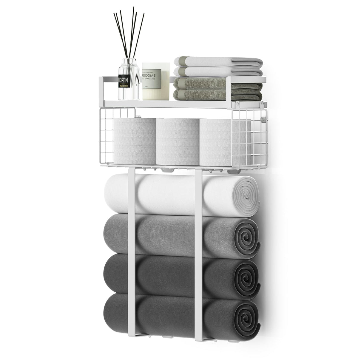 Xstydes Towel Racks for Bathroom Wall Mounted, Metal Towel Holder with Wooden Shelf for Folding Large Towels, Towel Storage for Small Bathroom Organizer Decor or RV Camping