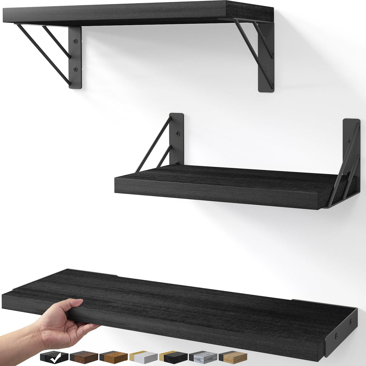 BAYKA Floating Shelves for Wall, Book Shelf for Bedroom, Decor Shelves for Living Room Kitchen, Mounted Wood Floating Shelf for Home Decor, Corner Shelf for Bathroom, Office(Dark Brown,Set of 4)